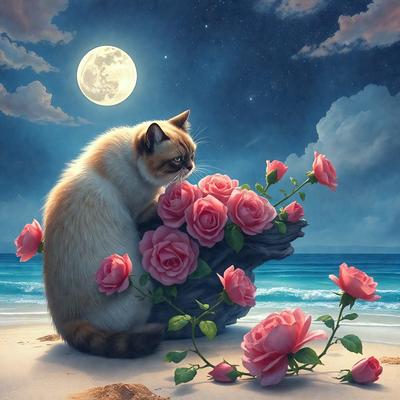 The primary subject of the image is a cat sitting on a rock near a pile of pink flowers. The setting is a beach, with the ocean visible in the background. The visual style is a painting, which gives the image a more artistic and detailed appearance. The dominant colors are pink and white, creating a warm and serene atmosphere.